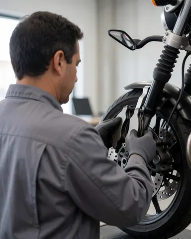 Mechanic installing new brakes on a motorcycle wheel in a workshop