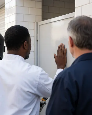 Satisfied client touching a painted metal door in a metalworking shop, wearing a work glove against a white tiled wall.