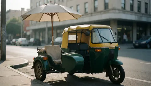Green and yellow motorbike taxi with umbrella in sidecar parked on urban corner with morning light, ideal for transport service cover