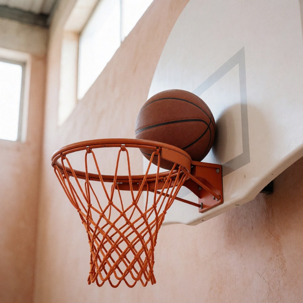 A basketball resting on the rim of a training hoop inside a gym with terracotta walls and natural light.