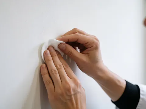 Close-up of hands wiping a surface with a cloth against a white background, highlighting hygiene and detail in microblading work