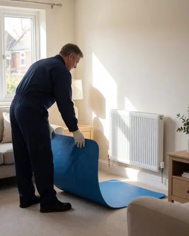 Worker in blue uniform installs blue floor protection in a clean room with a newly installed white radiator and natural sunlight.