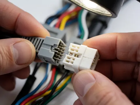 Close-up of hands connecting a white automotive electrical connector to a wire under work light illumination during repair