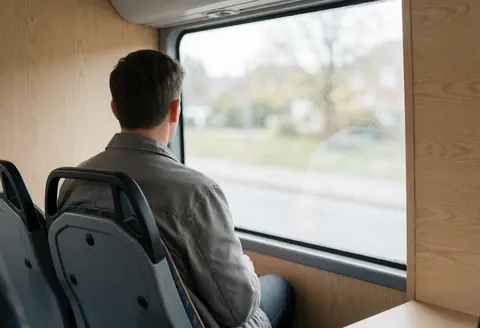 A passenger looks out a large window at the scenery from inside a tour bus with light wood paneling and a relaxed atmosphere.