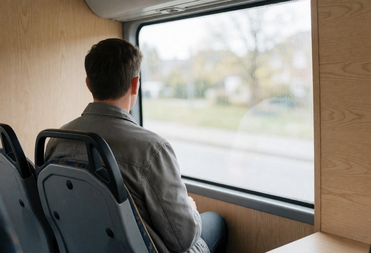 A passenger looks out a large window at the scenery from inside a tour bus with light wood paneling and a relaxed atmosphere.