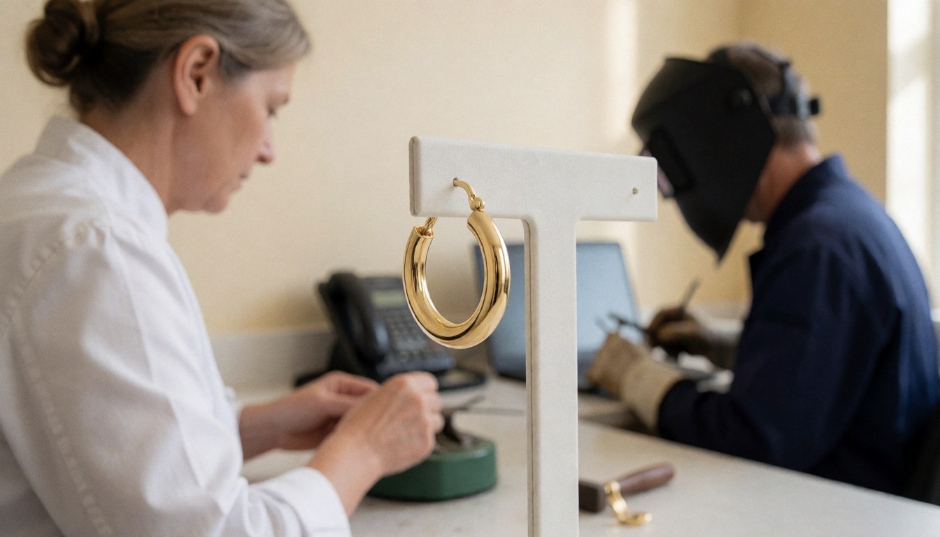 Close-up of a shiny gold earring displayed on a jewelry counter with a blurred background of a jewelry workshop.