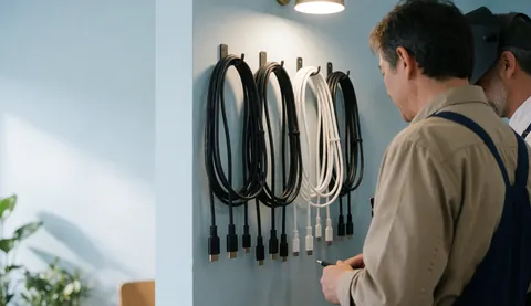 Neatly arranged HDMI and USB-C cables mounted on a blue wall in a computer repair shop with warm lighting and copy space on the left