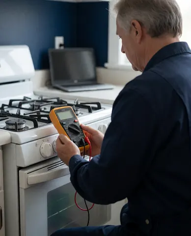 Technician inspecting a gas stove using a digital multimeter in a modern kitchen with blue walls.