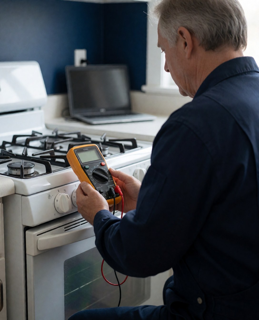 Technician inspecting a gas stove using a digital multimeter in a modern kitchen with blue walls.