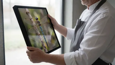Macro photographer holding a canvas featuring a dragonfly in a studio with concrete walls and natural light