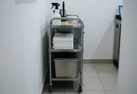 Metal cleaning cart holding white towels, spray bottle, and brush in a professional tiled bathroom setting