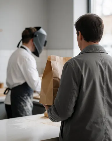 A customer holding a bread bag in a modern bakery with a baker in the background, grey walls, and a clean work table.