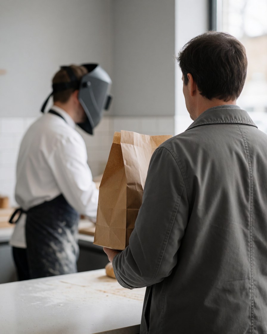 A customer holding a bread bag in a modern bakery with a baker in the background, grey walls, and a clean work table.