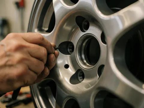 Close-up of a hand using a tool to adjust a bolt on an alloy wheel in a workshop with blurred tools in the background