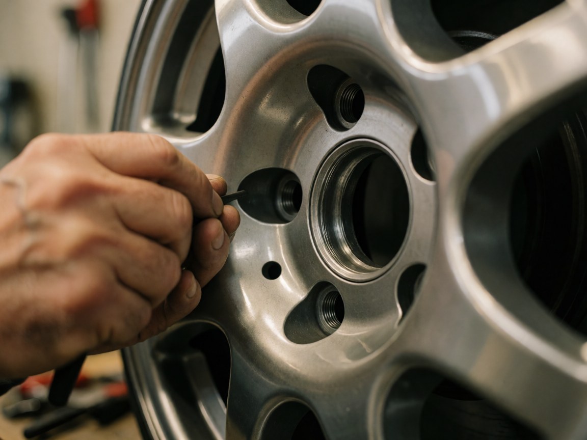 Close-up of a hand using a tool to adjust a bolt on an alloy wheel in a workshop with blurred tools in the background