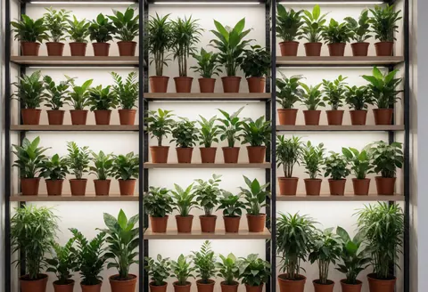 Vertical shelving unit holding various potted plants against a white wall, featuring bright lighting and a modern design suitable for florist store interiors.