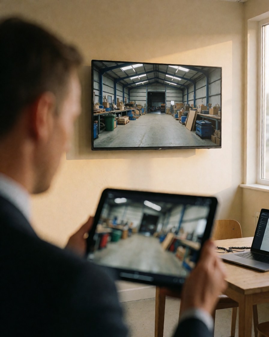 A customer checks industrial safety details on a tablet screen with beige walls and warm lighting in the background