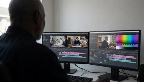 Professional videographer editing video on dual monitors in a white studio workspace with copy space on the left