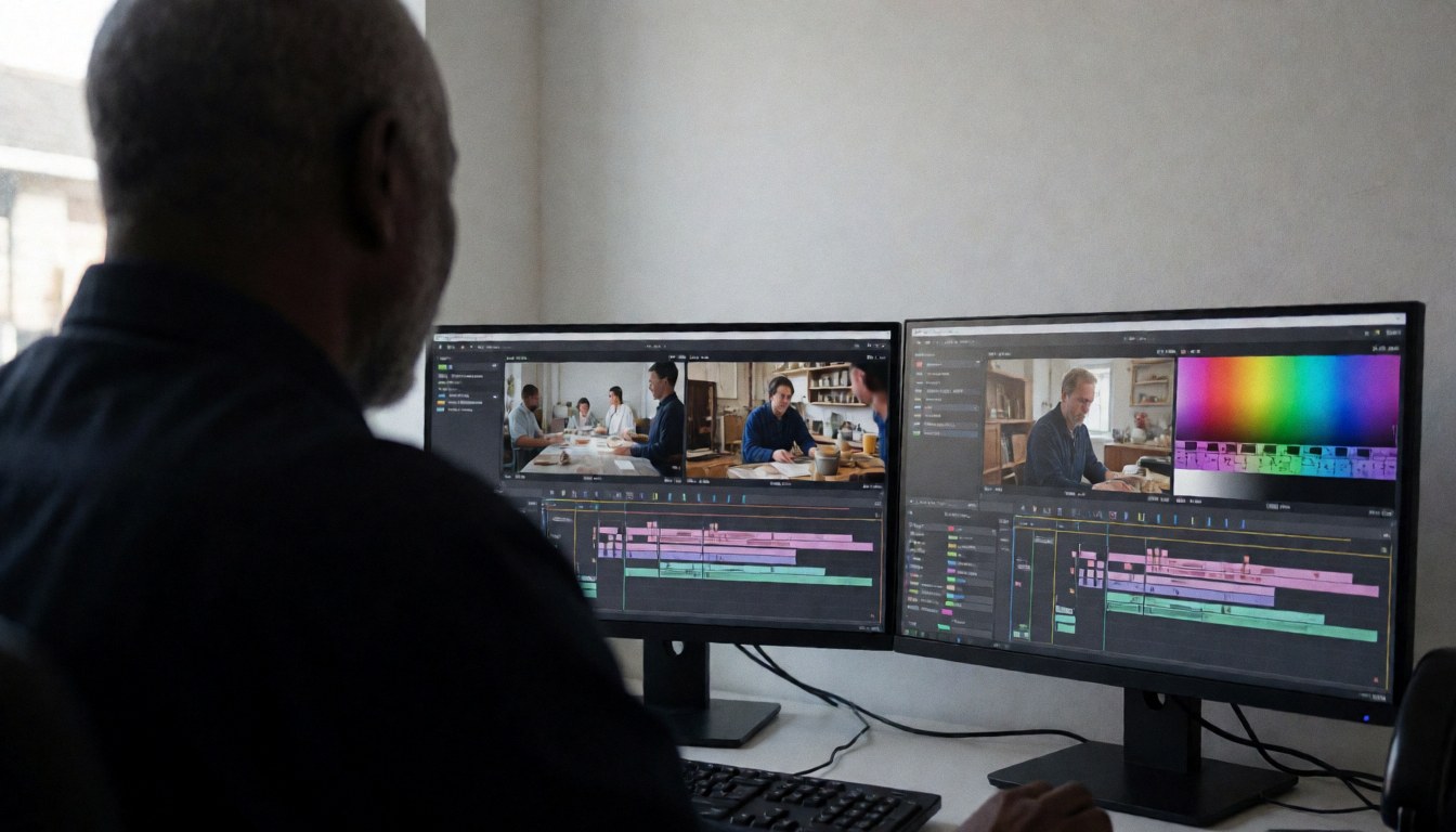 Professional videographer editing video on dual monitors in a white studio workspace with copy space on the left