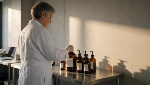 A practitioner in a white coat manipulates amber glass bottles on a stainless steel table, illuminated by warm sunset light in a professional setting.