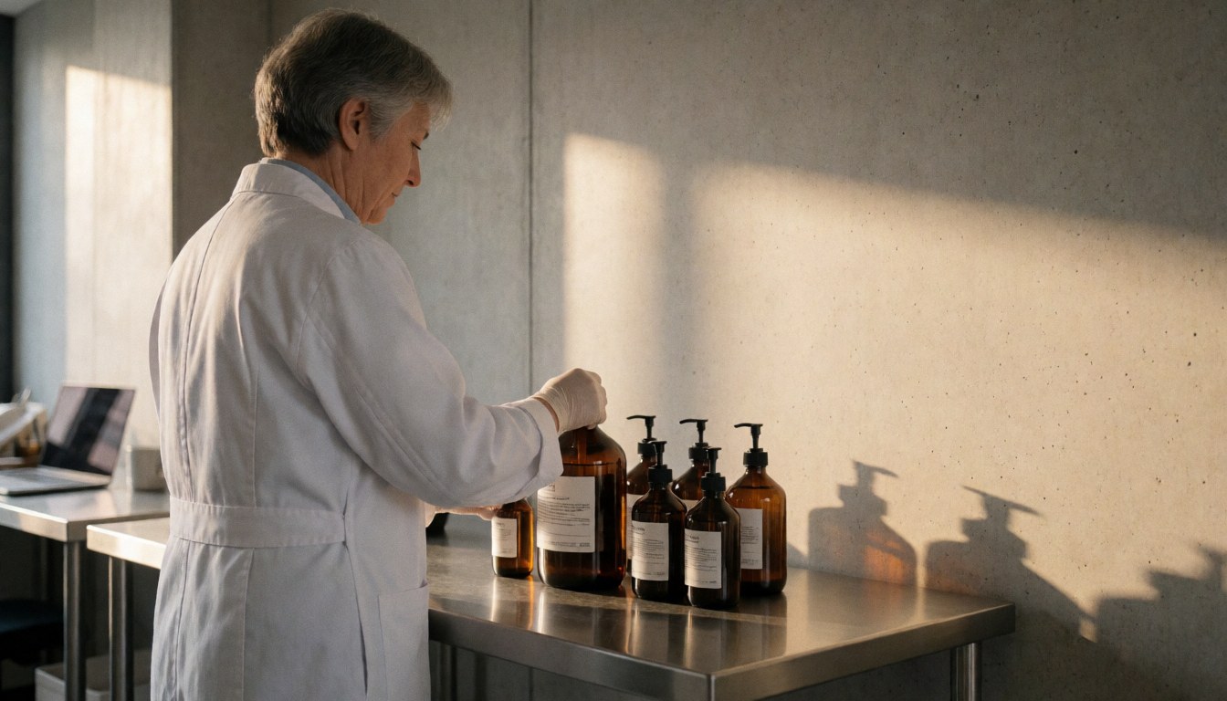 A practitioner in a white coat manipulates amber glass bottles on a stainless steel table, illuminated by warm sunset light in a professional setting.