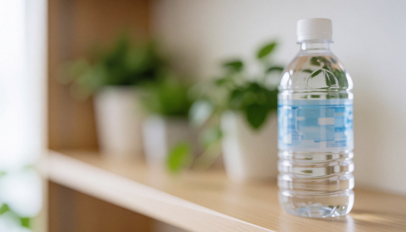 A mineral water bottle placed on a wooden shelf surrounded by green plants, creating a serene background for wellness and health themes.