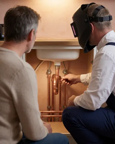 Plumber wearing a welding helmet showing newly installed copper pipes to a client under a kitchen sink