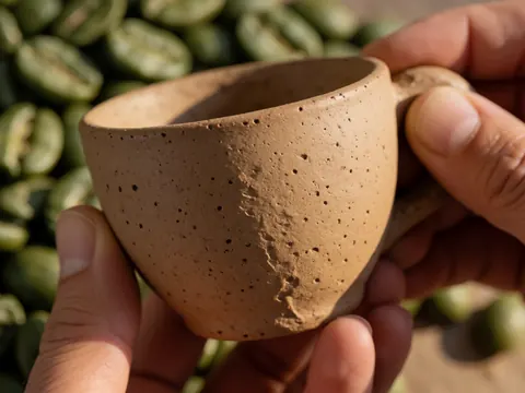 Close-up of a raw ceramic mug with porous texture and clay details, resting on green coffee beans under warm lighting