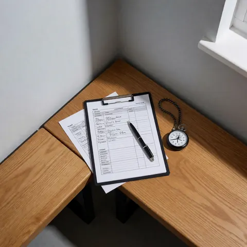 Volleyball evaluation forms resting on a wooden bench alongside a pen and stopwatch against a gray wall background.