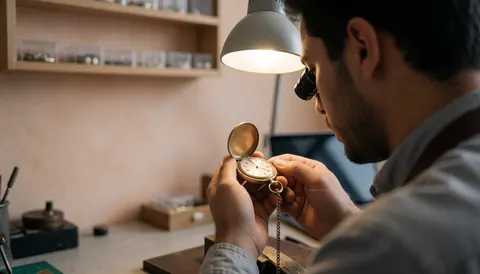 A watchmaker uses a loupe to examine an open gold pocket watch under bright work light in a workshop.