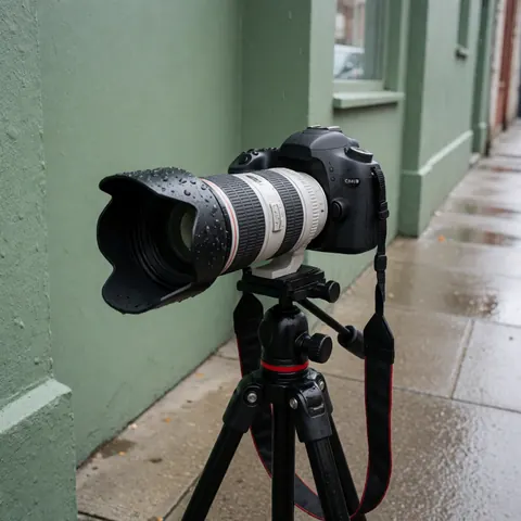 DSLR camera with telephoto lens mounted on a tripod, ready for photography on a wet street with a green wall and raindrops on the lens.
