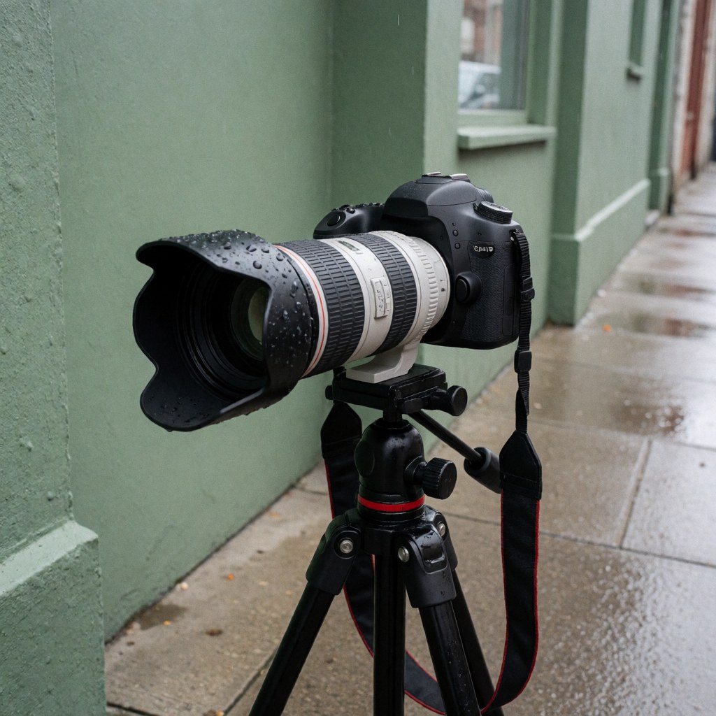 DSLR camera with telephoto lens mounted on a tripod, ready for photography on a wet street with a green wall and raindrops on the lens.