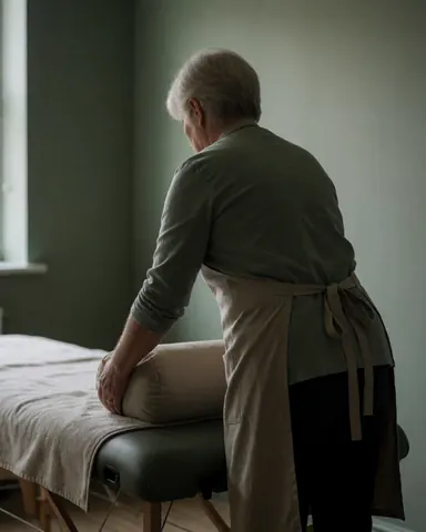 Therapist adjusting a massage pillow on a table in a room with green walls and soft light, preparing a therapeutic environment.
