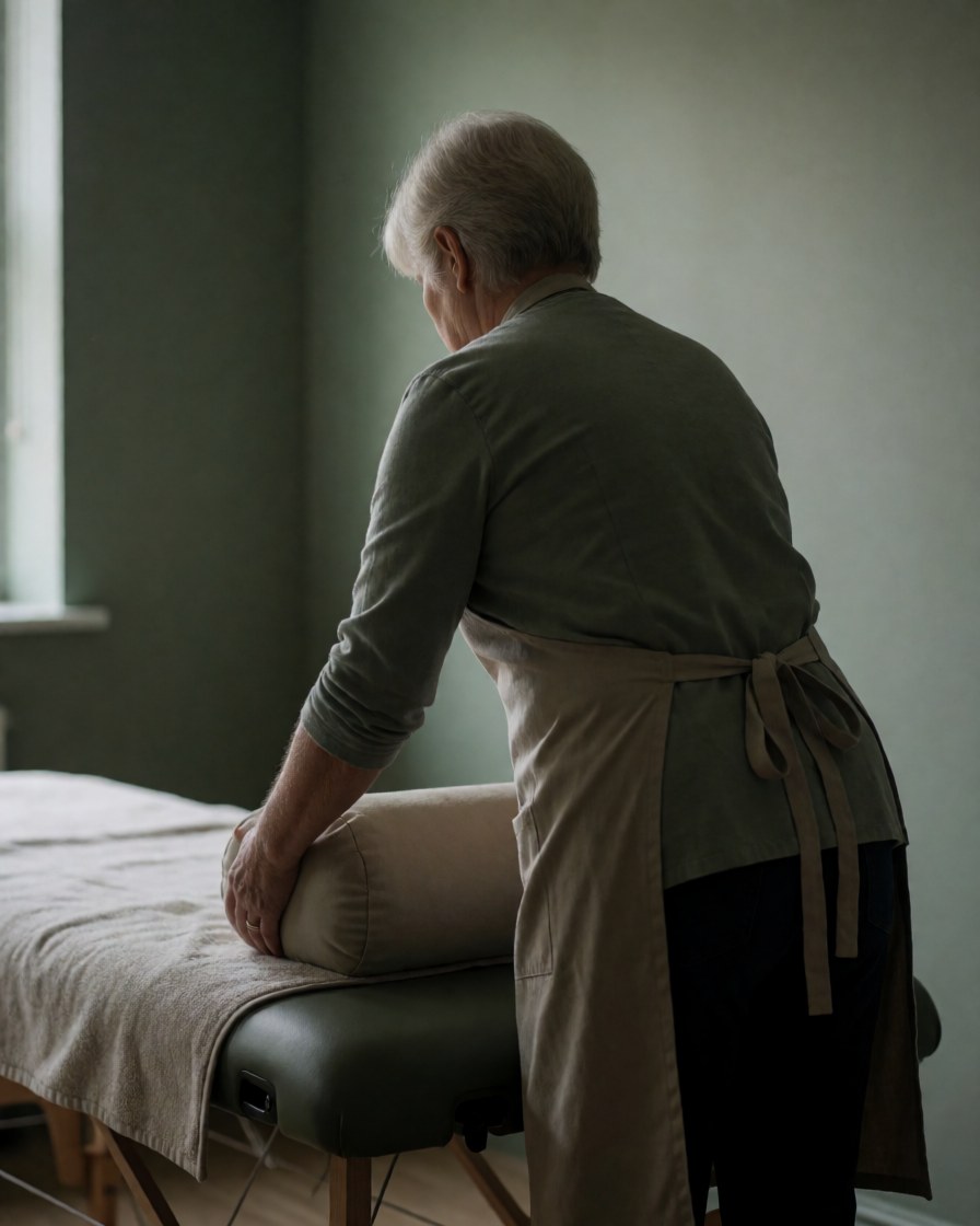 Therapist adjusting a massage pillow on a table in a room with green walls and soft light, preparing a therapeutic environment.