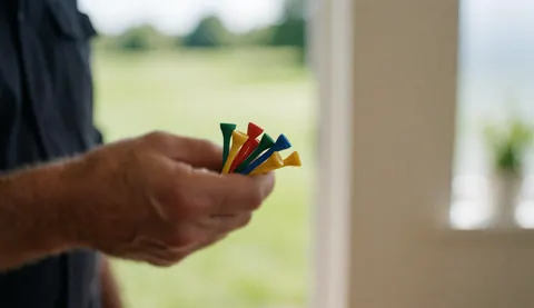 Hand holding colorful golf clubs against a green field, beige wall, and natural light
