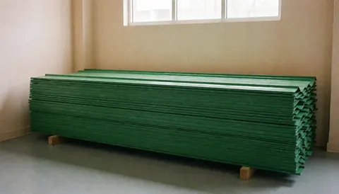 Neat stacks of green metal roofing sheets in an industrial warehouse with beige walls and gray floor, lit by natural light