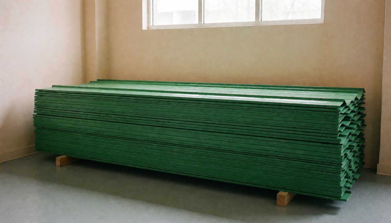 Neat stacks of green metal roofing sheets in an industrial warehouse with beige walls and gray floor, lit by natural light