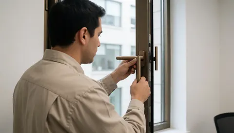 Technician installing a bronze aluminum handle on an office window with white walls and natural light during a window repair service
