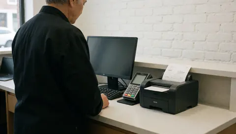 Tire service counter featuring an invoice printer and payment terminal against a white brick wall.