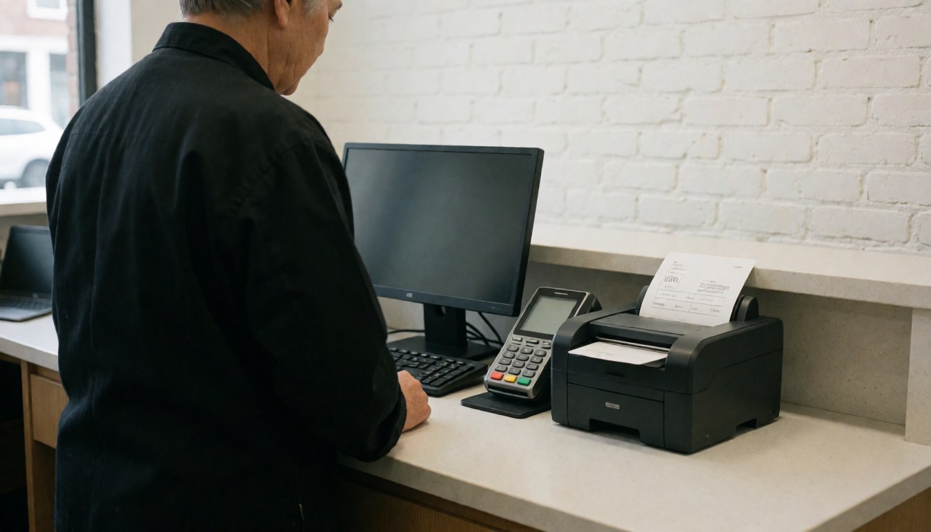 Tire service counter featuring an invoice printer and payment terminal against a white brick wall.
