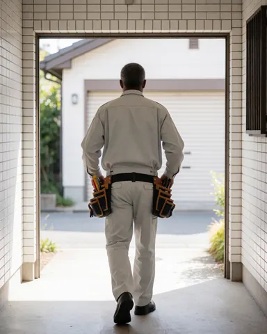 Technician with tool belt walking toward a garage door at a residential home with white tiled walls and dawn light