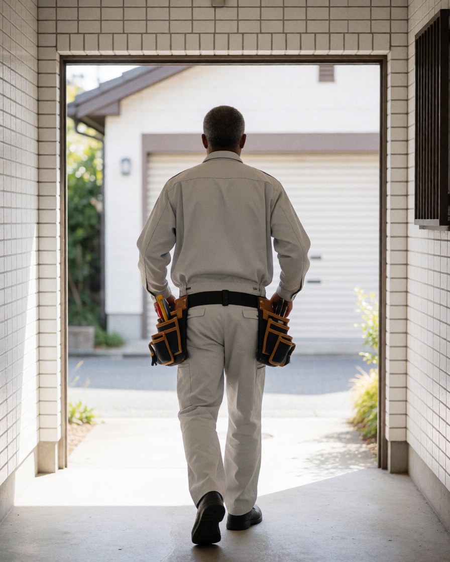 Technician with tool belt walking toward a garage door at a residential home with white tiled walls and dawn light