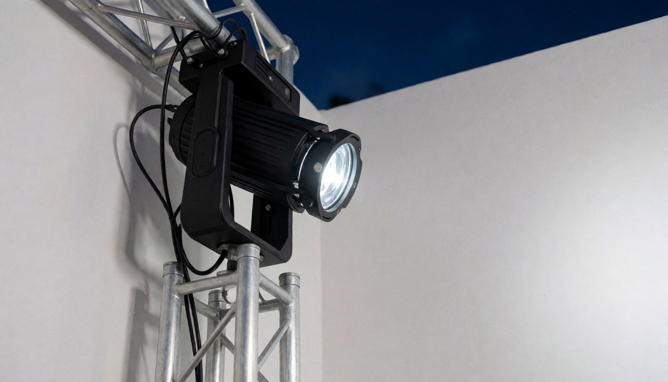 Professional stage light mounted on a metal truss structure pointing toward an empty floor with white walls and a dark blue ceiling.