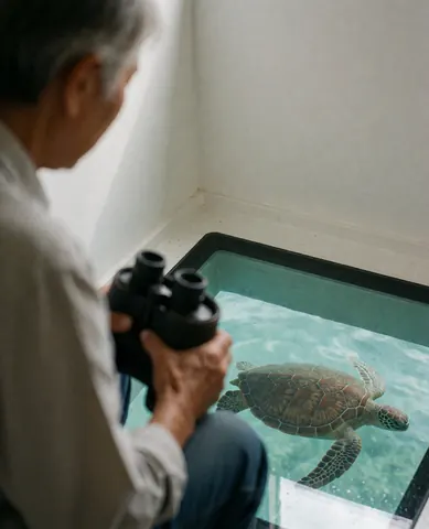An adult person holding binoculars observes a sea turtle swimming beneath a glass floor in an aquarium setting.