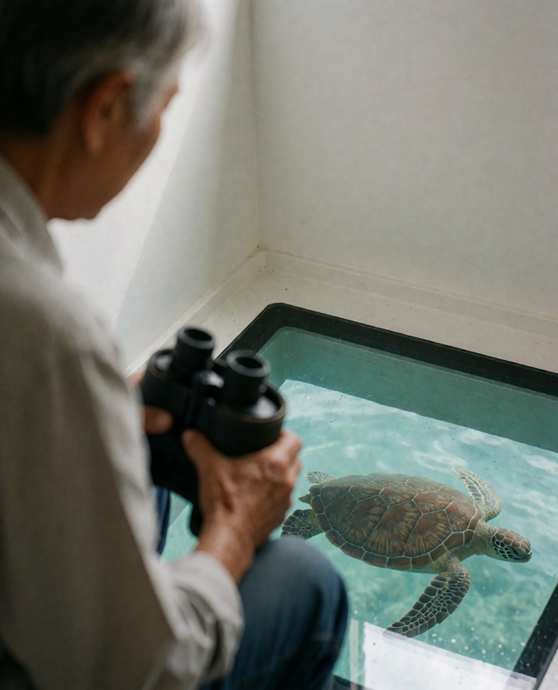 An adult person holding binoculars observes a sea turtle swimming beneath a glass floor in an aquarium setting.