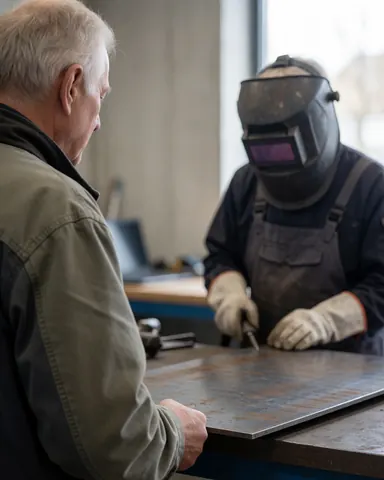 A customer watches a welder working on a metal plate in an industrial workshop with visible tools and equipment