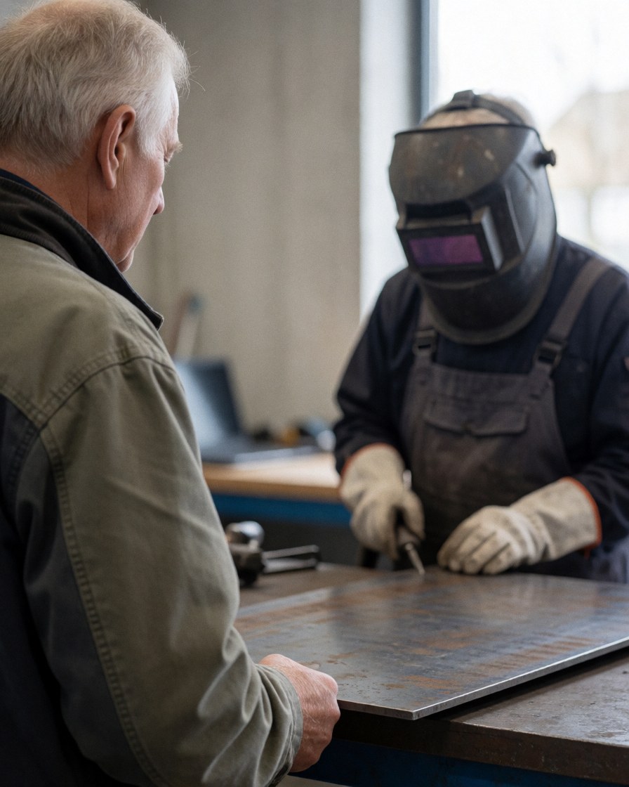 A customer watches a welder working on a metal plate in an industrial workshop with visible tools and equipment