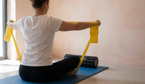 Adult woman stretching with yellow resistance band on blue mat near black foam roller in gymnastics studio with light terracotta walls