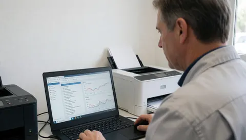 Technician reviewing print graphs on laptop with two multifunctional printers in an office with white walls.