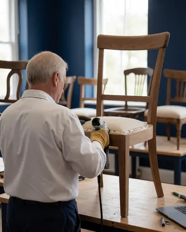 A man repairing a wooden chair using a tool in a workshop with a dark blue wall and natural light